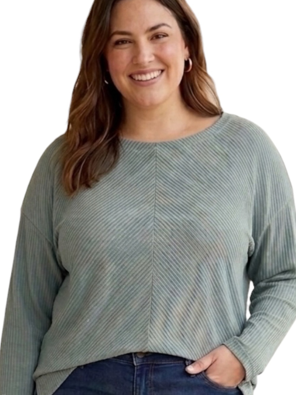 AVA & VIV Sage Green Ribbed Long Sleeve Knit Top Size 1X Boatneck Slit Hem Tunic